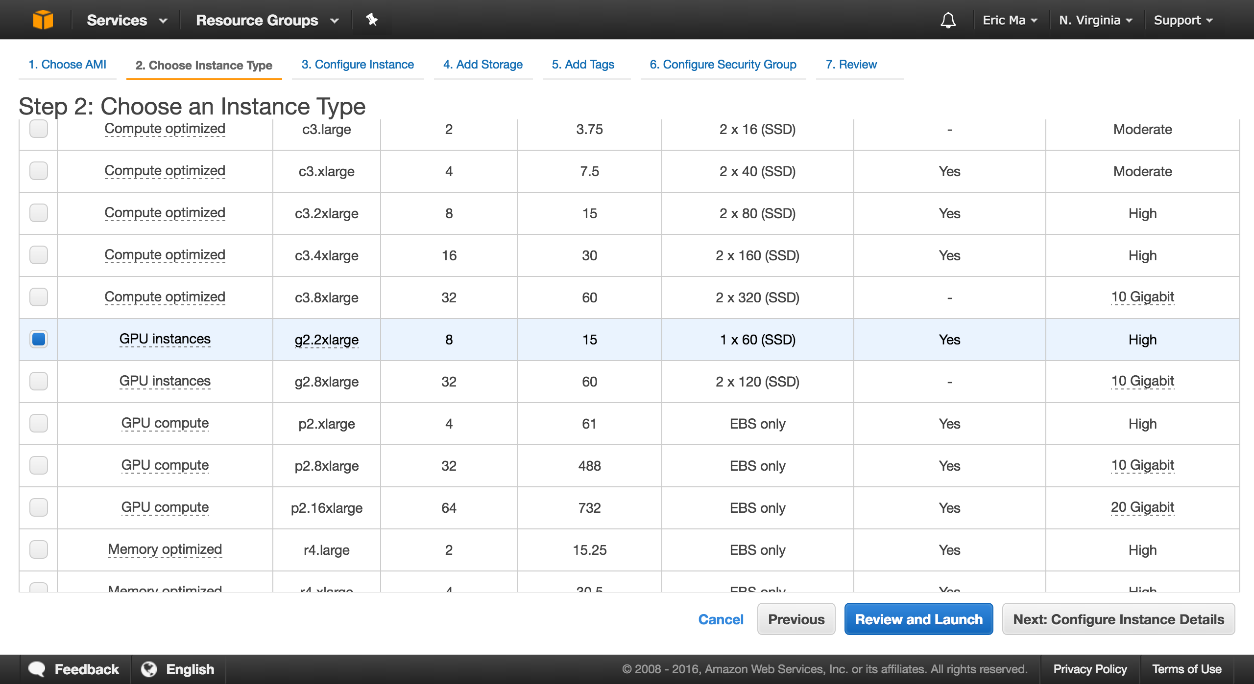 Instance selection page.