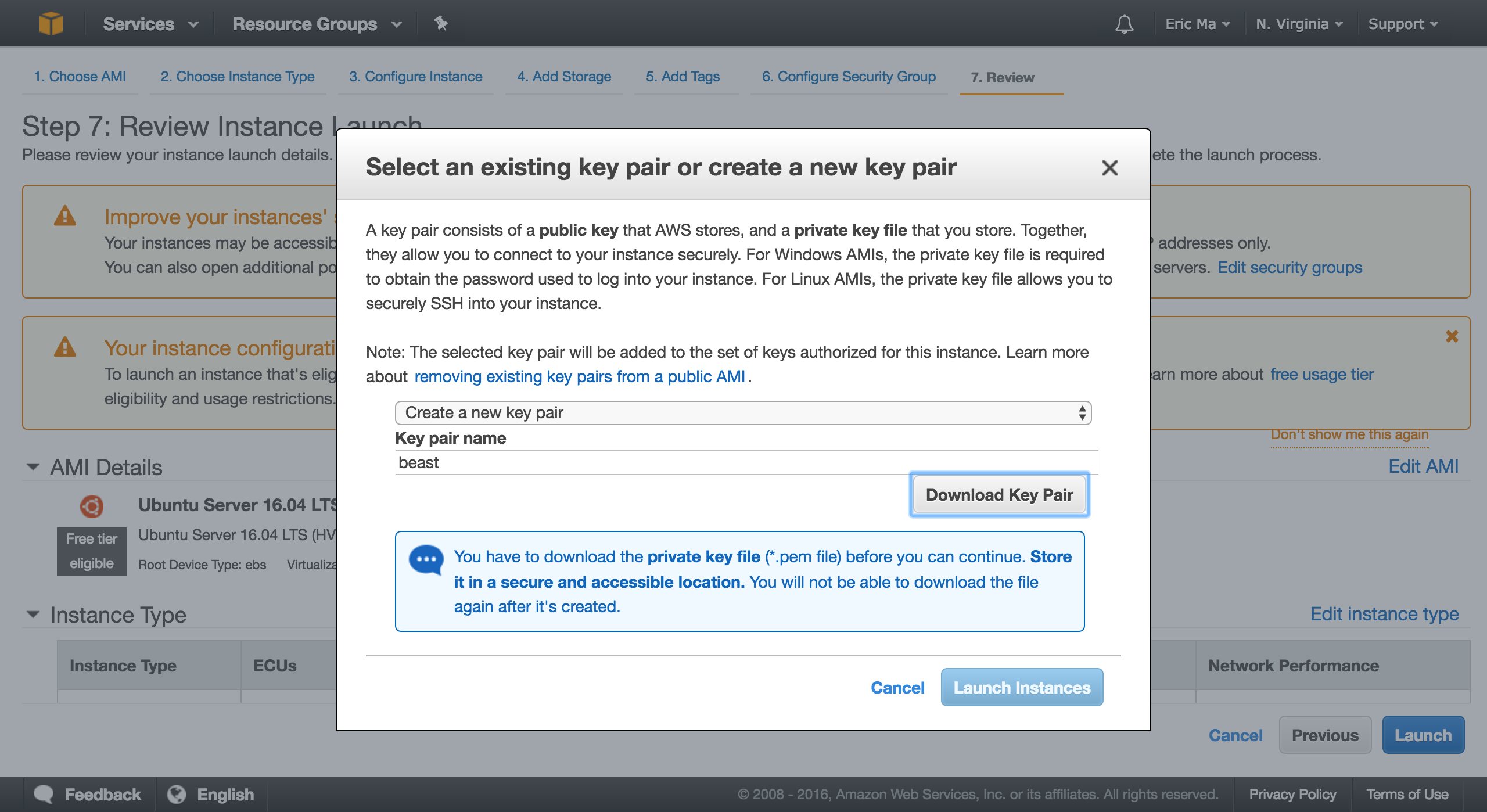 Create a key pair for accessing AWS.