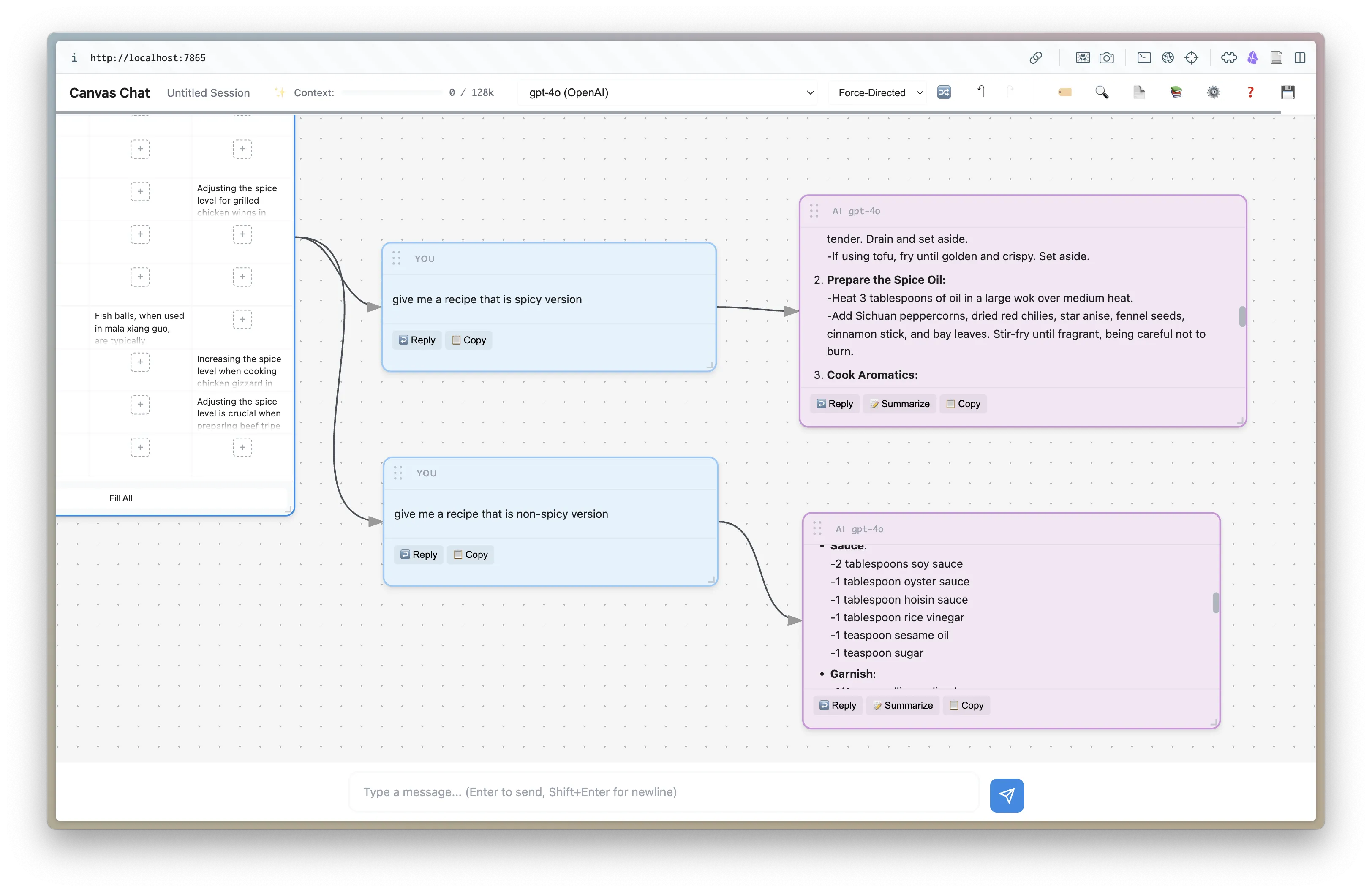 Branching from a node to create parallel conversation threads