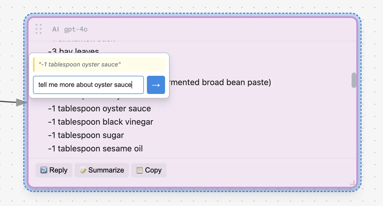 Tooltip appearing when text is selected within a node