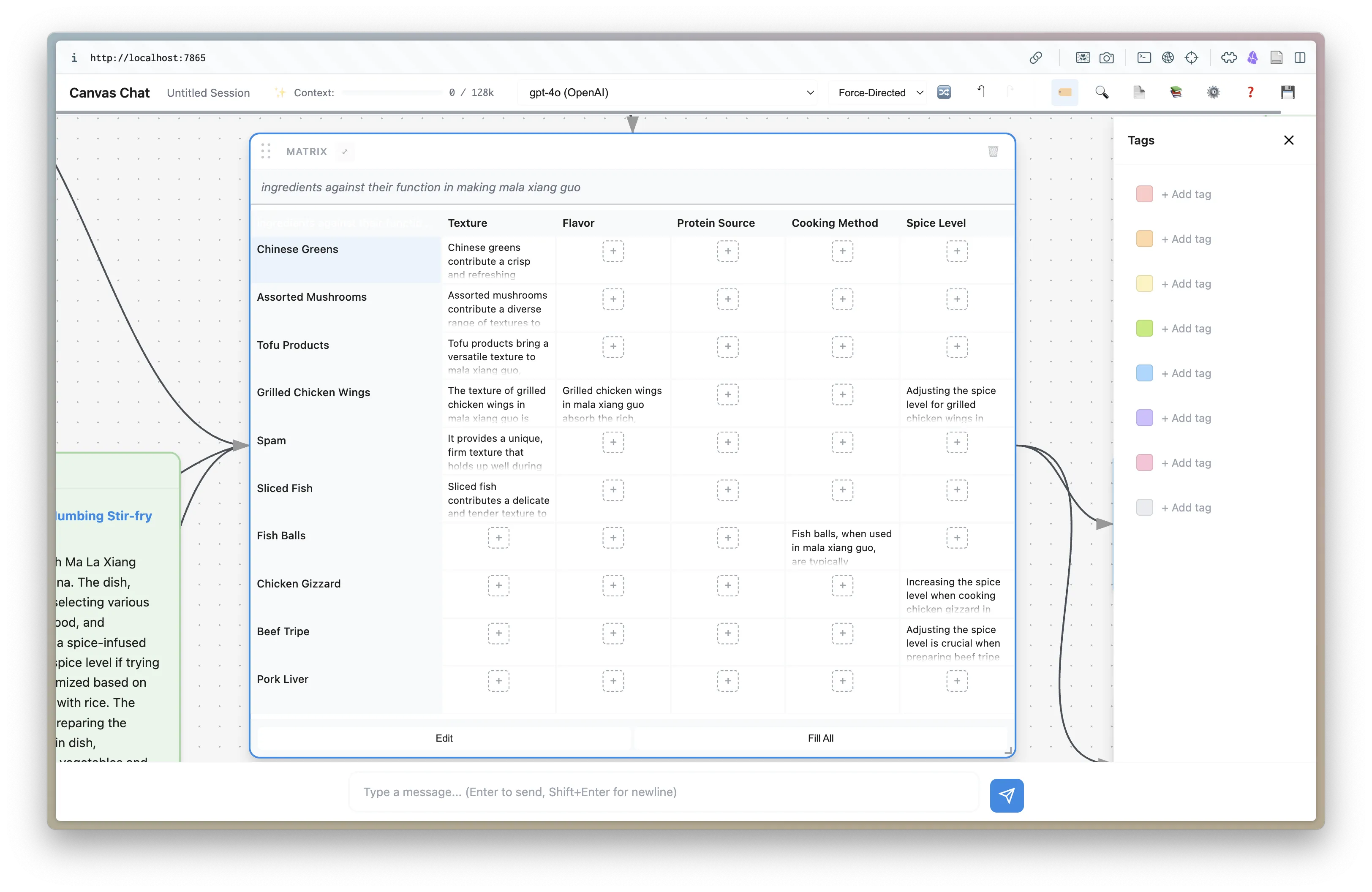 Matrix evaluation modal for configuring rows and columns
