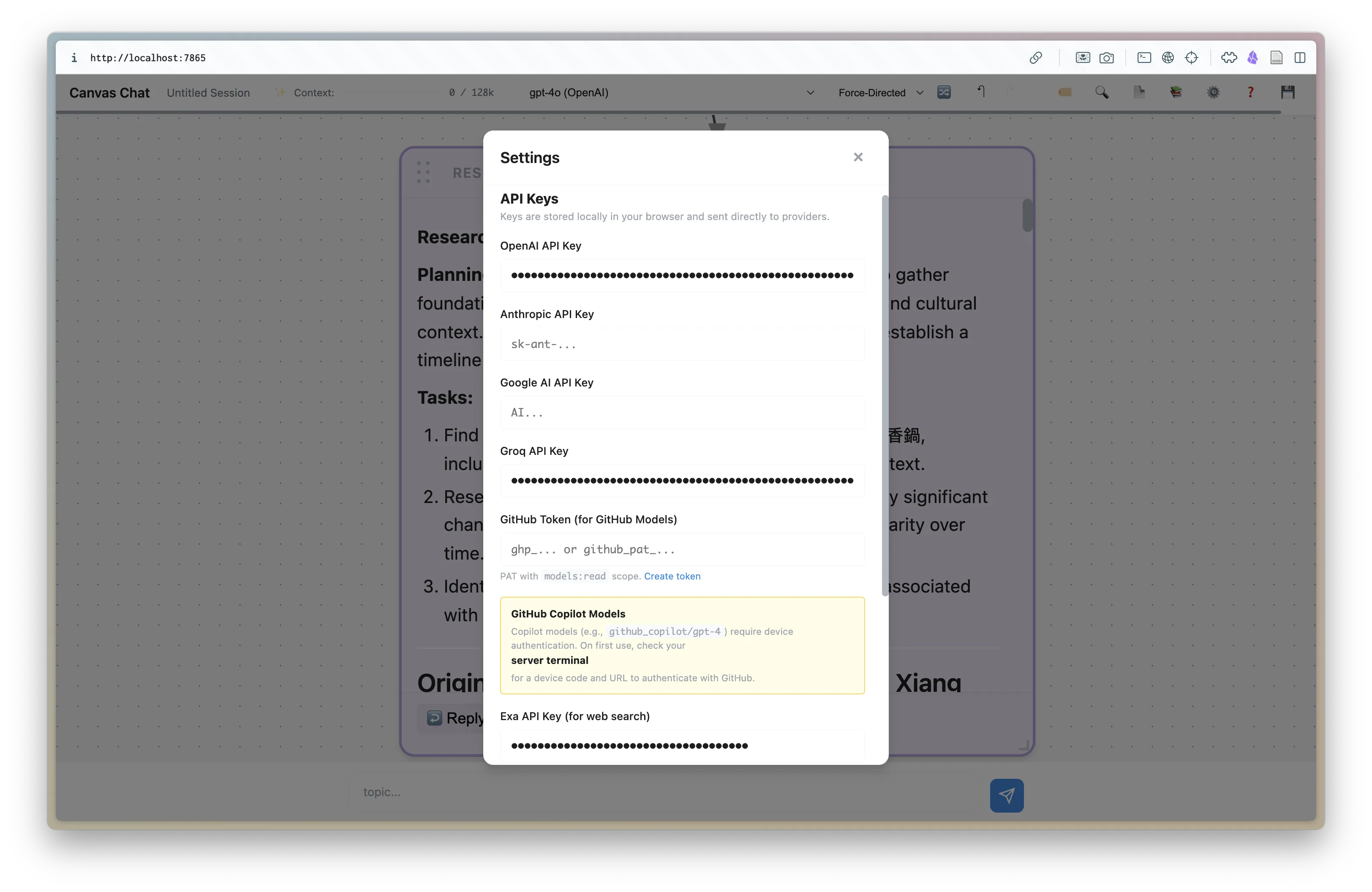 Settings panel showing API key configuration