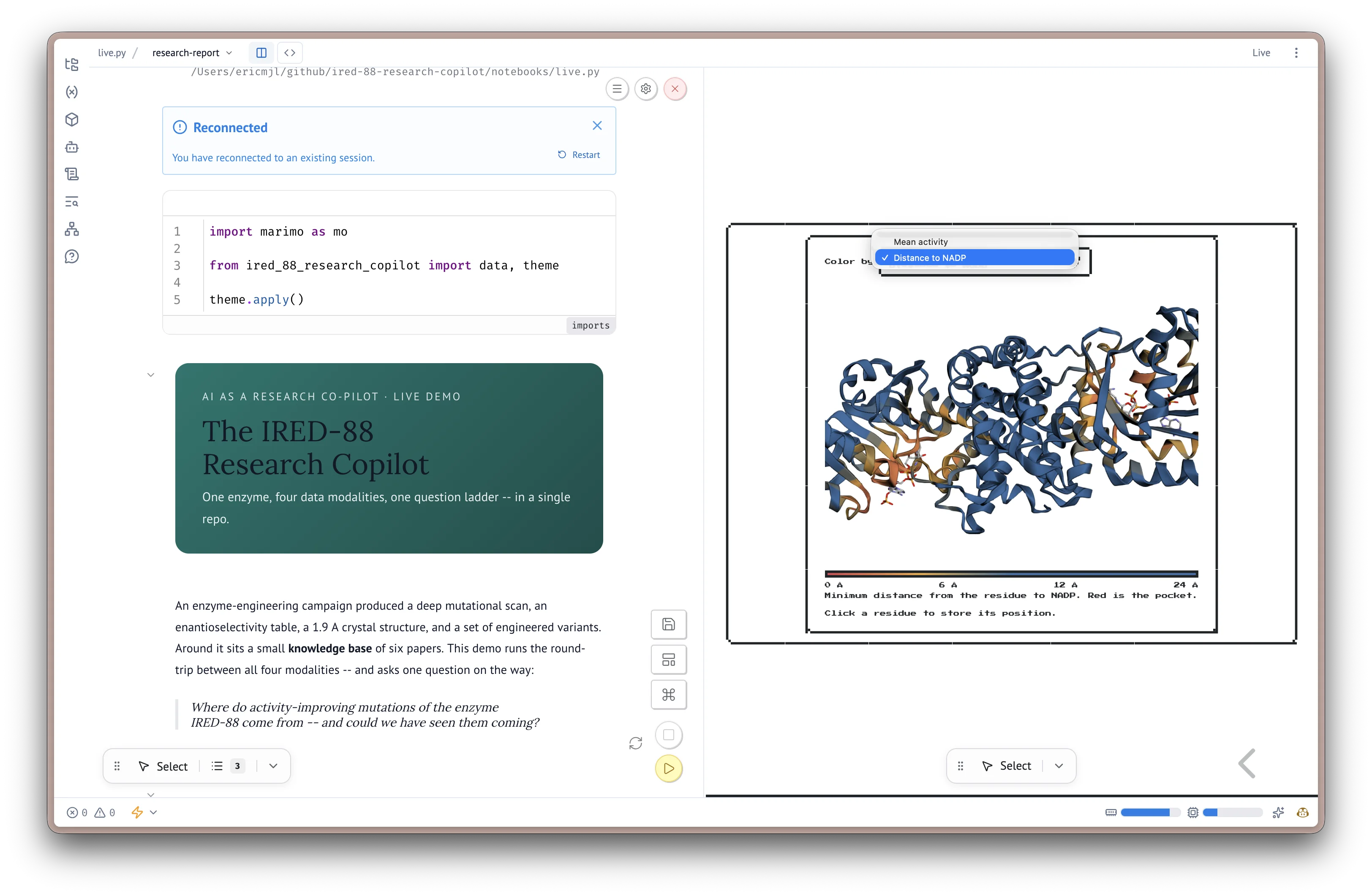 The marimo Studio slide deck beside the live notebook, the heat map pulling straight from the notebook cells.