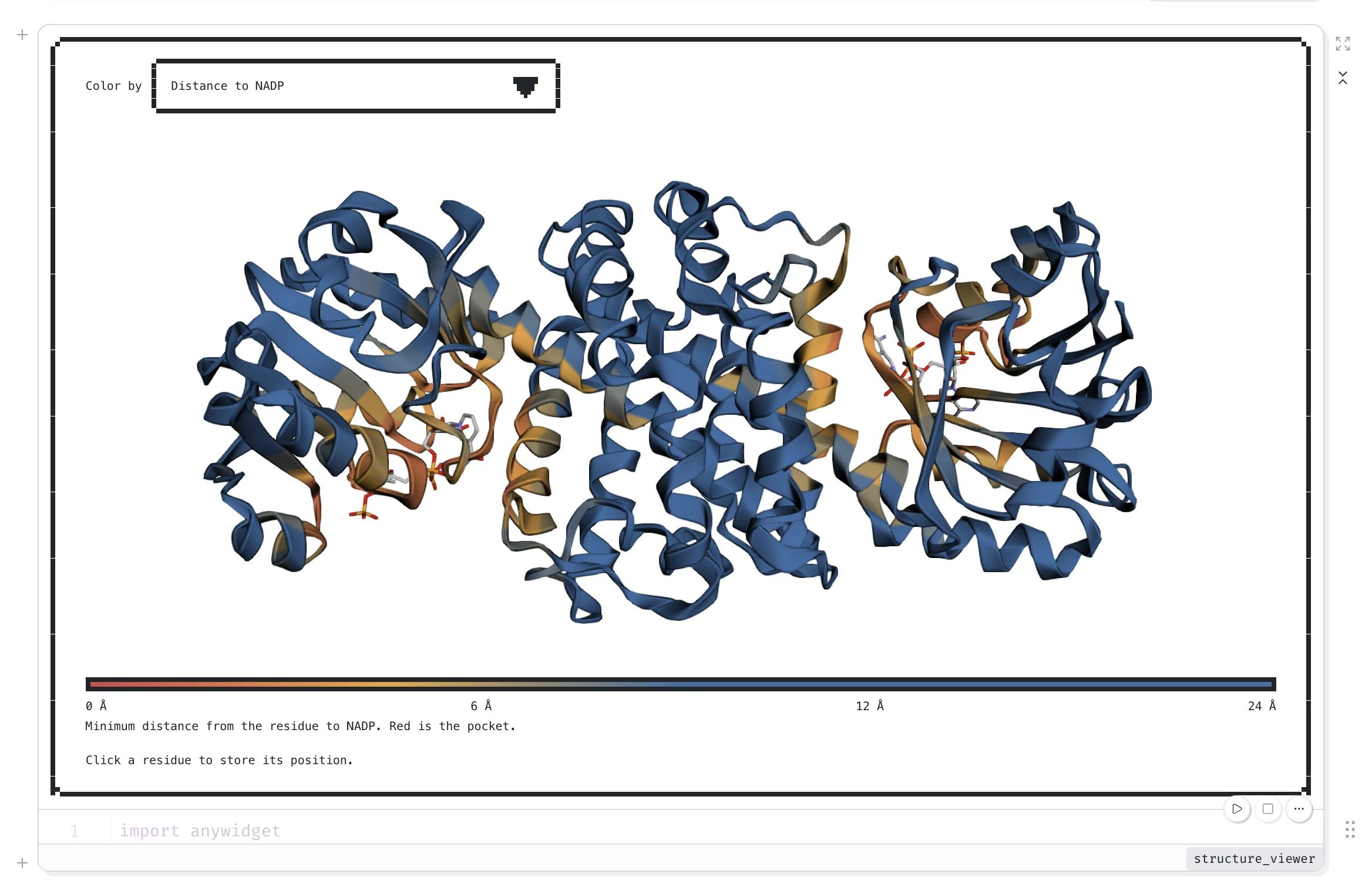 The IRED-88 structure viewer with both chains colored by each residue's distance to NADP: red at the catalytic pocket, fading to blue with distance, NADP shown in sticks.