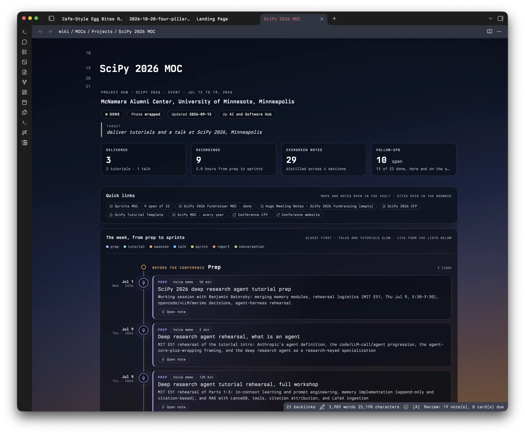 My SciPy 2026 map of content in Obsidian, with project stats, quick links, and a timeline of the week from prep to sprints