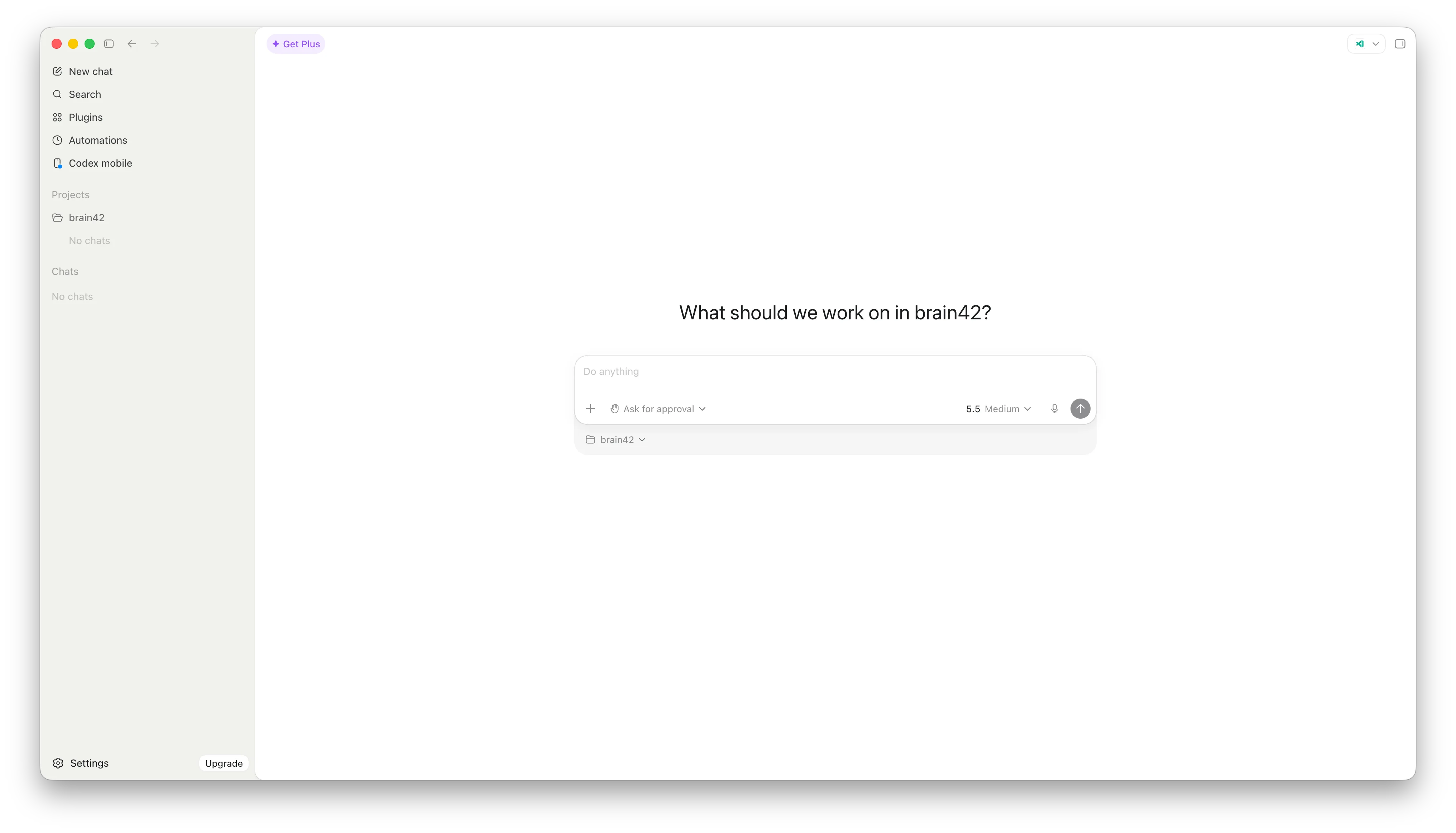 Codex workspace UI showing workspaces on the left sidebar