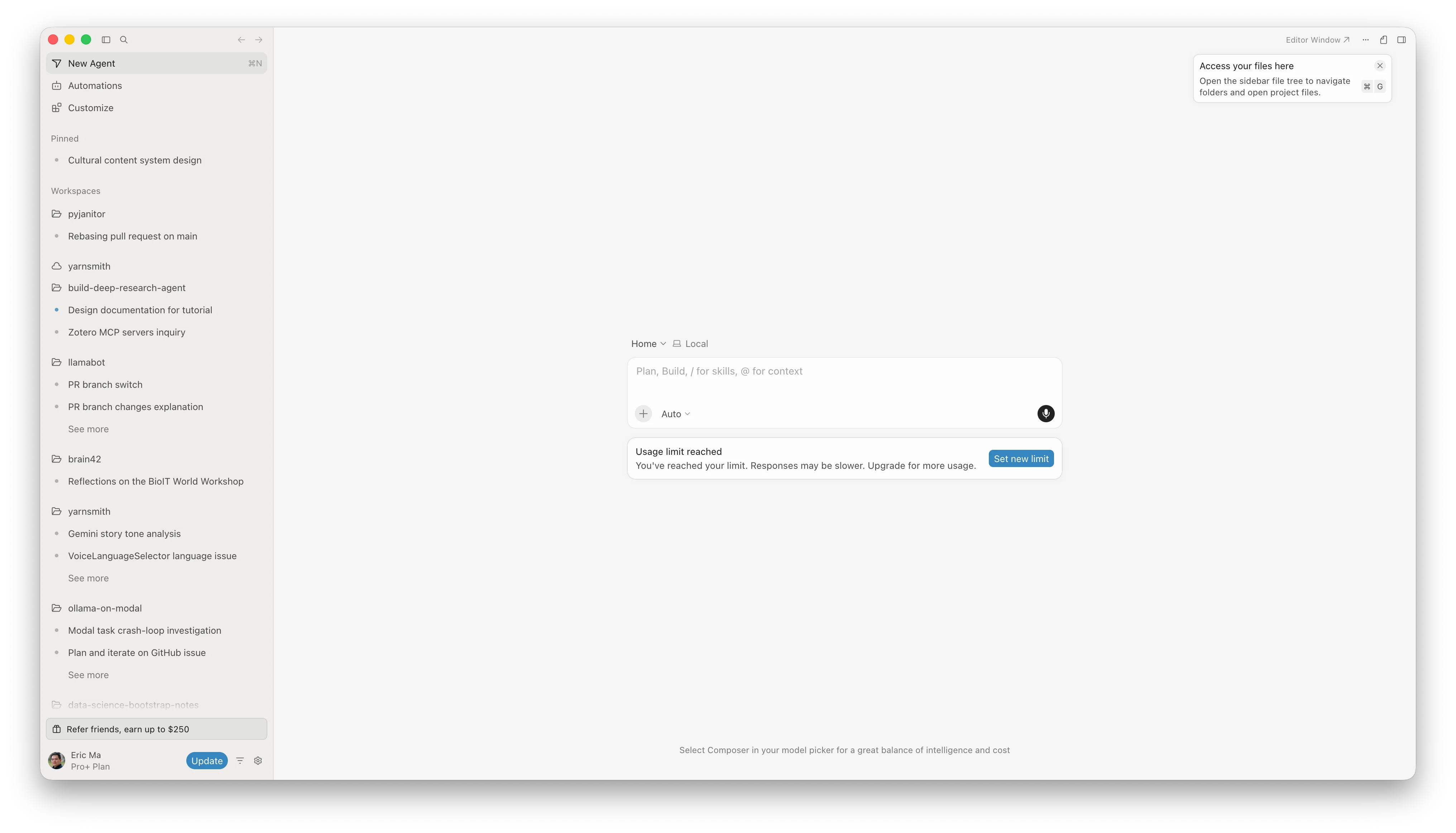 Cursor workspace UI showing multiple workspaces on the left sidebar
