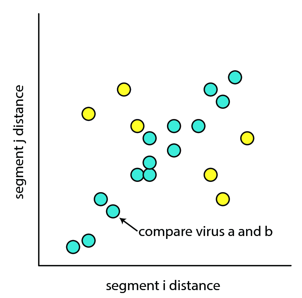 Figure 8: Toy distribution of all pairwise 3rd codon hamming distances between viral isolates. Blue dots: comparisons between viruses that yielded correlated 3rd codon hamming distances. Yellow dots: comparisons between viruses that yielded non-correlated 3rd codon hamming distances.